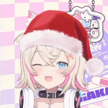 a girl wearing a santa hat with the word aki on the bottom right