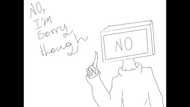 a black and white drawing of a person with a box on their head that says no