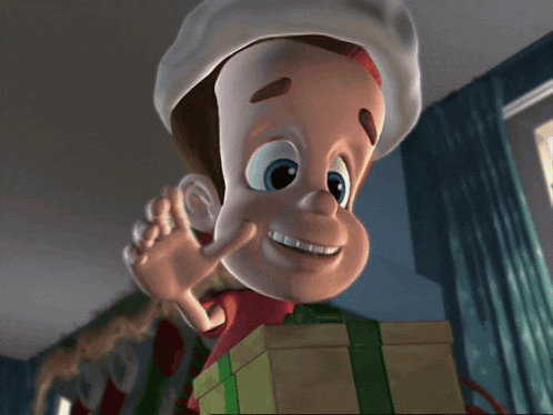 a cartoon character holding a box with a green stripe on it