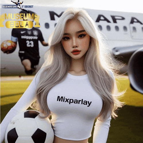 a woman wearing a mixparlay shirt holds a soccer ball in front of an airplane