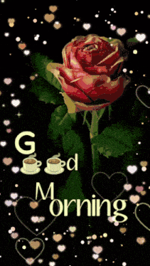 a picture of a rose with a cup of coffee and the words good morning