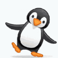 a black and white penguin with an orange beak is standing on one leg on a white background .