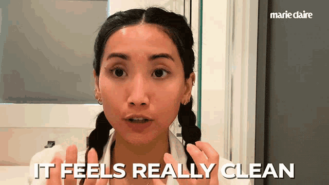 a woman says it feels really clean in front of a marie claire ad