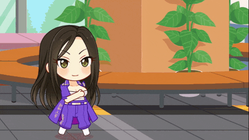 a cartoon of a girl in a purple outfit with her arms crossed