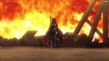 a girl with red hair and horns is standing in front of a fire