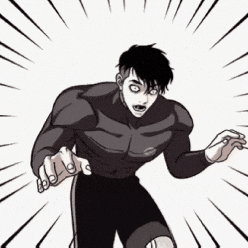 a black and white cartoon of a muscular man with a shocked expression on his face .