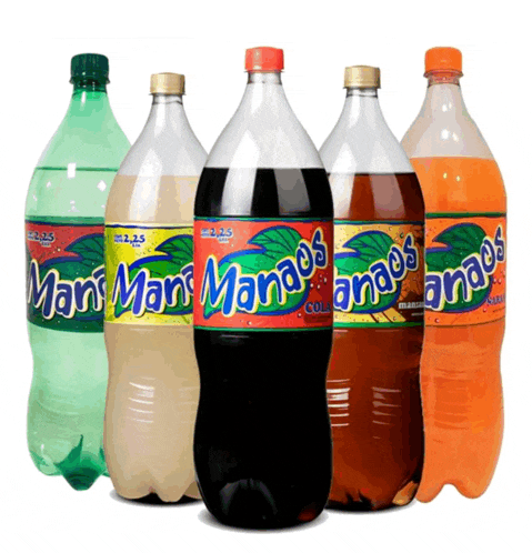 several bottles of manaos soda are lined up