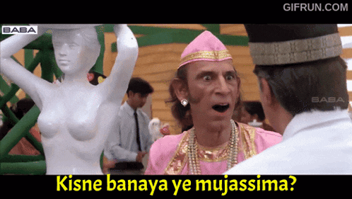 a man in a pink outfit is talking to another man with the words kisne banaya ye mujassimo