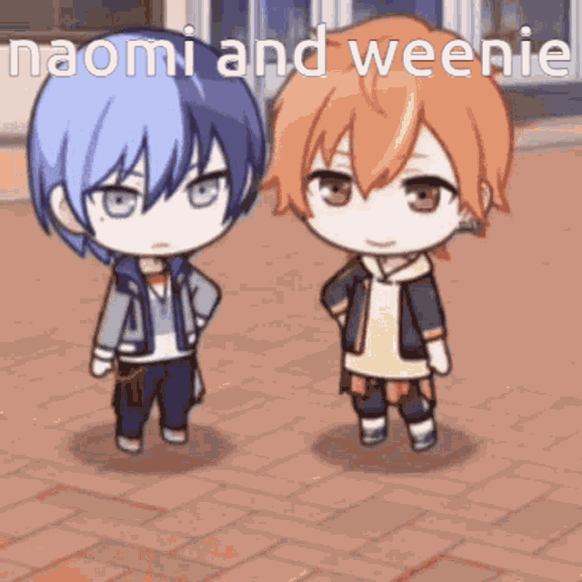 a couple of anime characters are standing next to each other on a brick sidewalk .