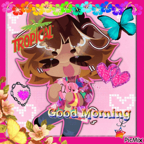 a tropical good morning card with a cartoon character