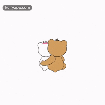 a couple of teddy bears hugging each other with a pink heart flying in the air .
