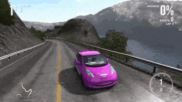 a pink car is driving down a road in a video game with 0 points