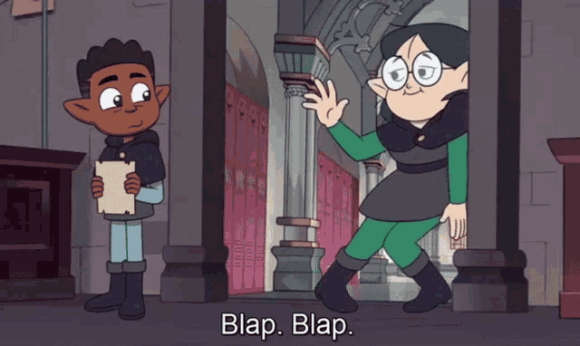 a cartoon of a boy holding a piece of paper standing next to a girl who says blap