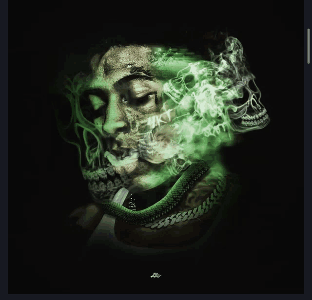 a man with a snake around his neck smoking a cigarette with green smoke coming out of his mouth