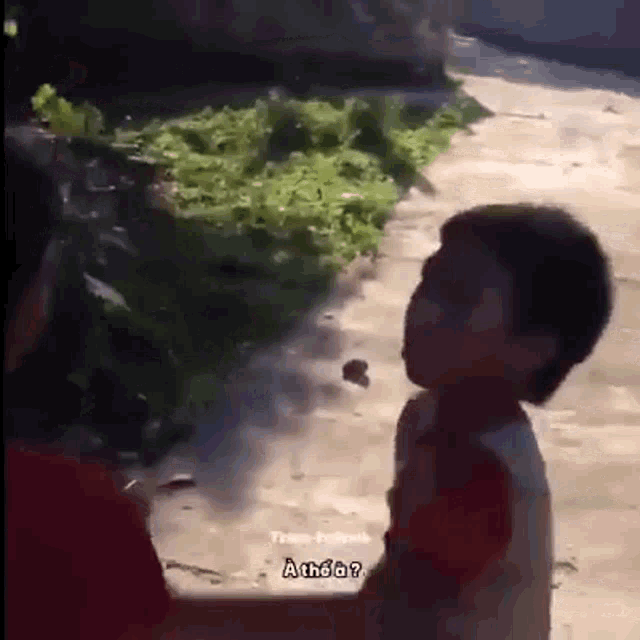 two young boys are standing next to each other on a sidewalk and talking .