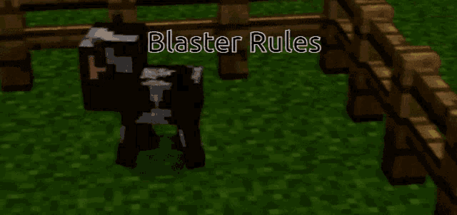 a minecraft character is standing in front of a wooden fence with the words blaster rules written on it