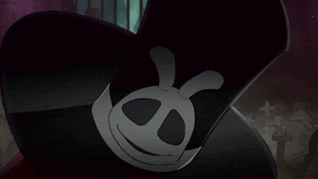a cartoon character is wearing a black hat with a skull and crossbones on it