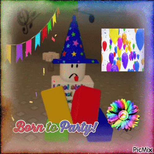 a picture of a cartoon character with the words born to party on it