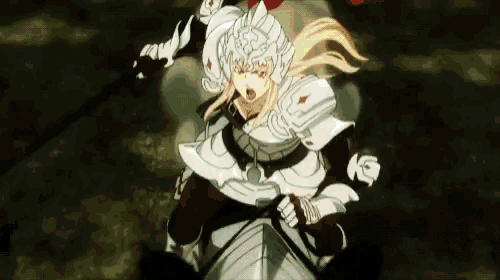 a woman in armor is riding a horse while holding a spear .