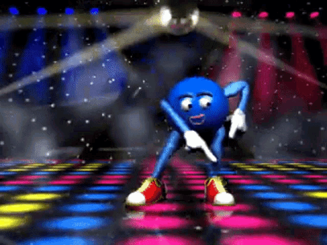 a cartoon character is dancing on a disco floor with a disco ball in the background