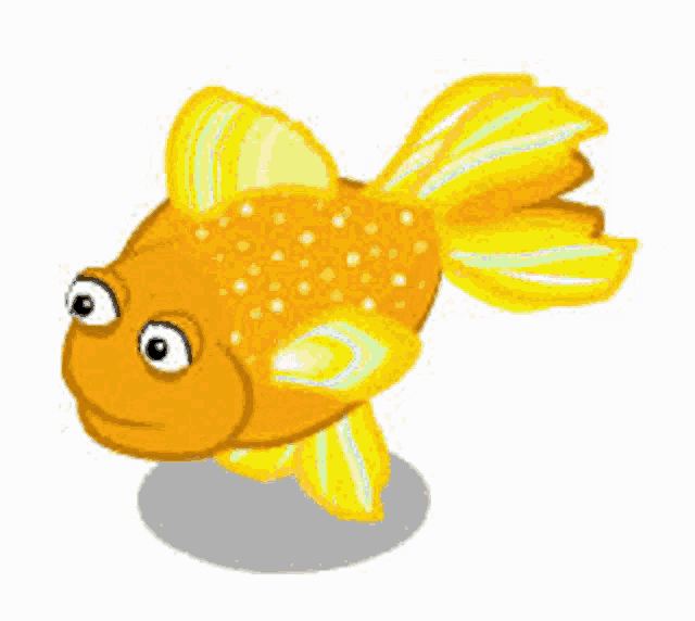 a cartoon goldfish with a yellow tail is sitting on a gray surface .