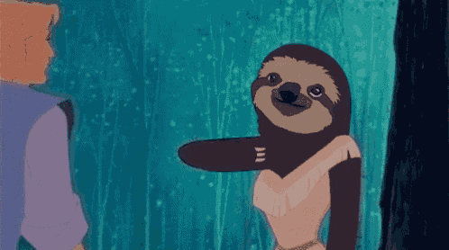 a cartoon sloth is standing next to a man in a blue shirt