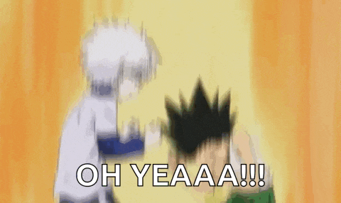 a couple of anime characters , gon and killua , are standing next to each other with their arms in the air .