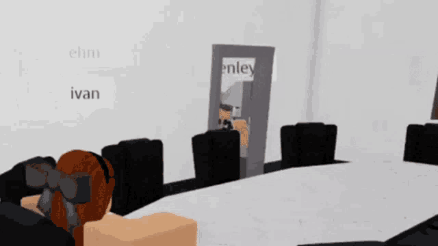 a room with a table and chairs and a door that says " enley "