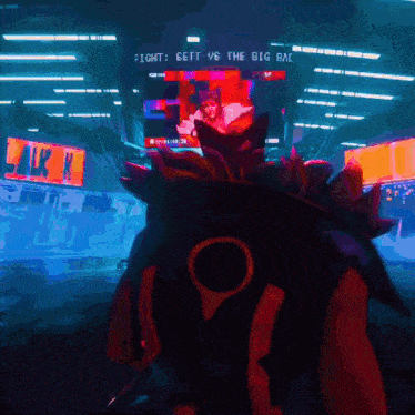 a video game character is standing in front of a sign that says " fight "
