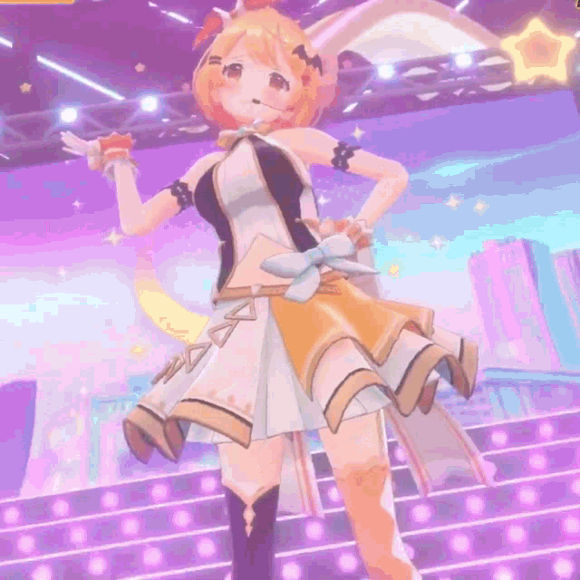 a girl in a dress is dancing on a stage with purple lights behind her