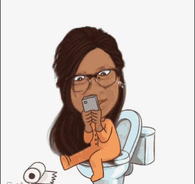 a cartoon of a woman sitting on a toilet looking at her cell phone .