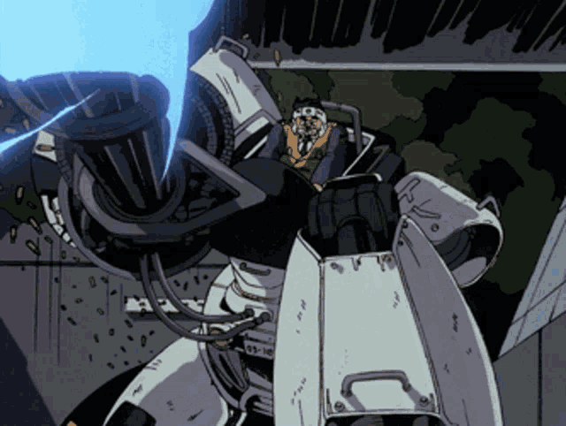 a cartoon drawing of a robot with a cannon that says ' 03-10 ' on it
