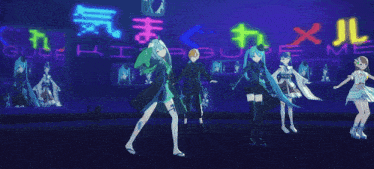 a group of anime characters are dancing in front of a neon sign that says ' gugu ' on it