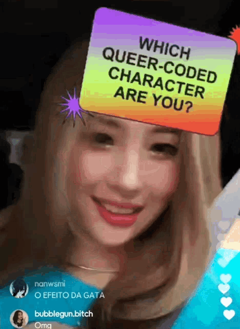 a woman is wearing a rainbow colored sticker on her head that says which queer-coded character are you