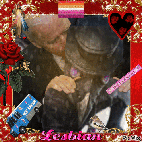 a picture of a man kissing another man in front of an ice cream truck that says lesbian