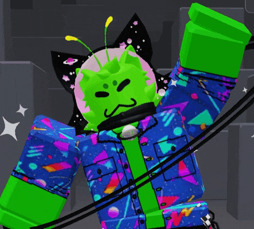 a colorful cartoon character with a green face and antennas