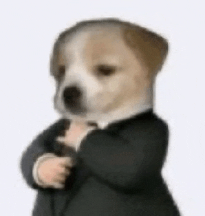 a puppy wearing a suit and tie is standing with its arms crossed .