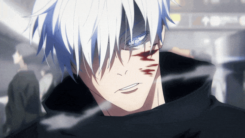 a close up of a person 's face with white hair