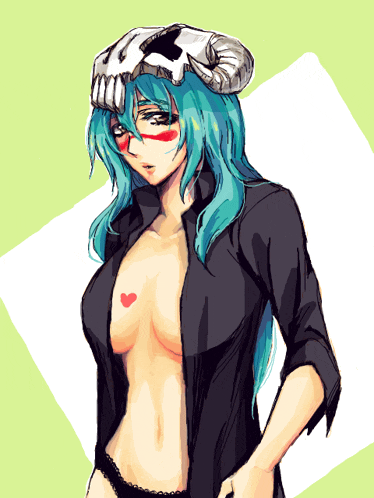 a drawing of a woman with blue hair wearing a skull hat