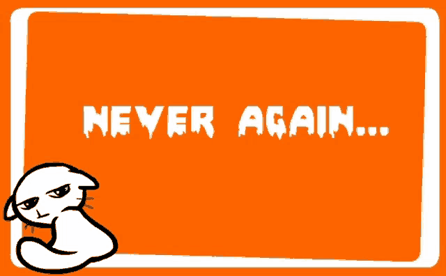 an orange background with the words never again written in white letters