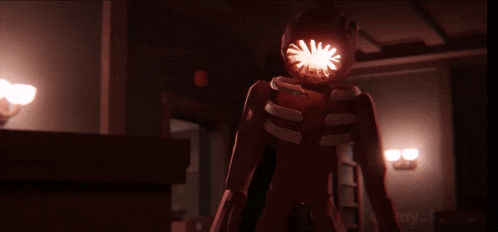 a cartoon character with a light coming out of his head is standing in a dark room