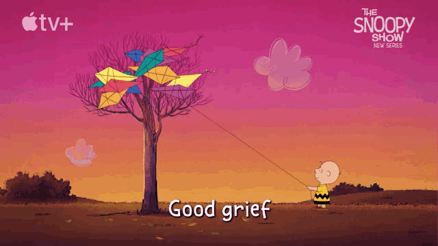 a poster for the snoopy show shows charlie brown pulling a kite