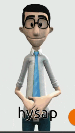 a cartoon man wearing glasses and a tie says hysap in sign language