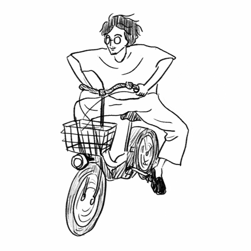 a black and white drawing of a person riding a bike with a basket