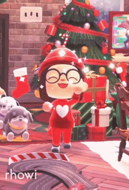 a cartoon character is standing in front of a christmas tree wearing a santa hat