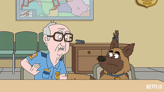a cartoon of a police officer and a german shepherd with netflix written on the bottom