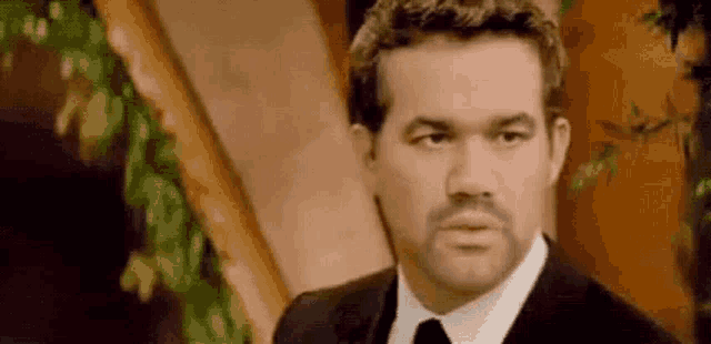 a man in a suit and tie is looking at the camera with a serious look on his face .