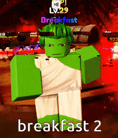 a cartoon character with green hair and the words breakfast 2
