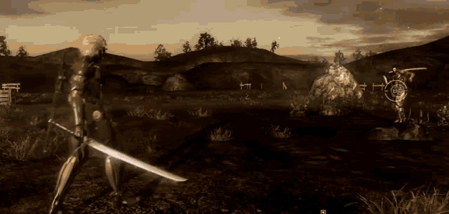 a man holding a sword in a video game with the letter r on the screen
