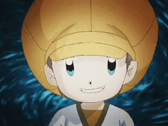 a cartoon character wearing a hat and smiling